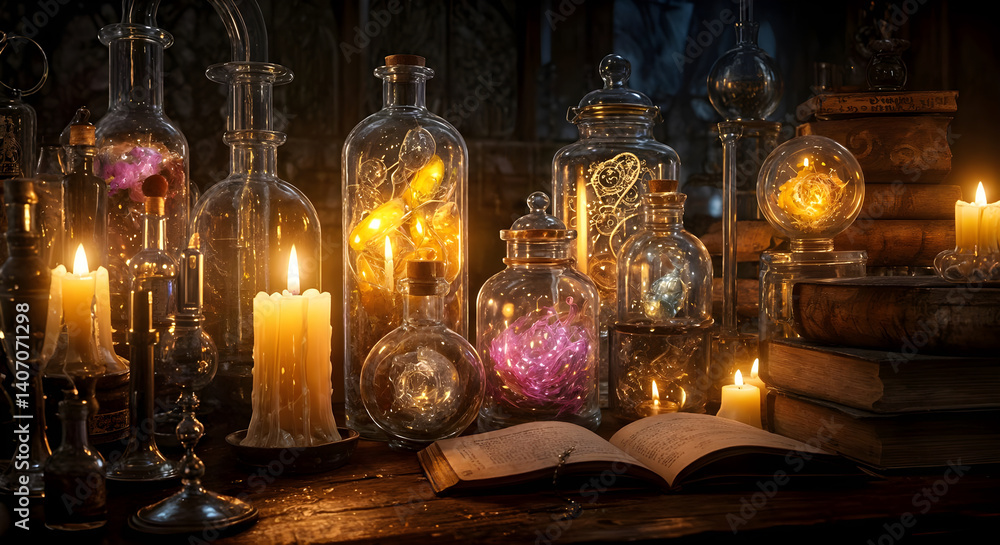 Alchemist workshop. A strange and creepy room with cabinets of curiosities filled with lots of bottles and glass jars. CG Artwork Background. AI generated digital illustration Alchemist workshop. A strange and creepy room with cabinets of curiosities filled with lots of bottles and glass jars. CG Artwork Background. AI generated digital illustration