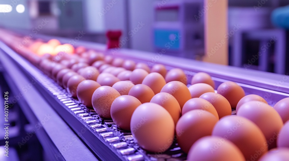 Fototapeta premium Chicken eggs moving on industrial conveyor belt in food processing facility