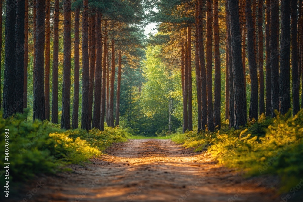 Fototapeta premium Path Through Majestic Pine Woodland, lovely bokeh: A serene backdrop with towering evergreens and the aroma of pine needles. Generative Ai