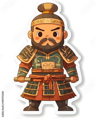 Whimsical sticker of a simplified Terracotta Army warrior in clay armor, holding a sword and standing in formation, in soft pastel tones, flat colors, bold lines, clean outline, and white border.