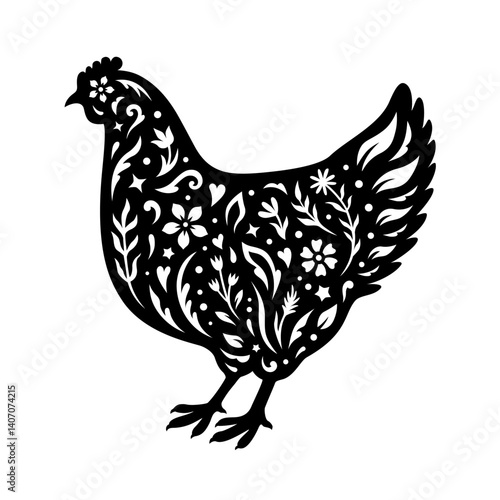 Easter Chicken template with flowers. Floral vector hen silhouette. For paper, laser cutting, sublimation. Cute festive bird with ornament. Holiday symbol. Isolated on white background.