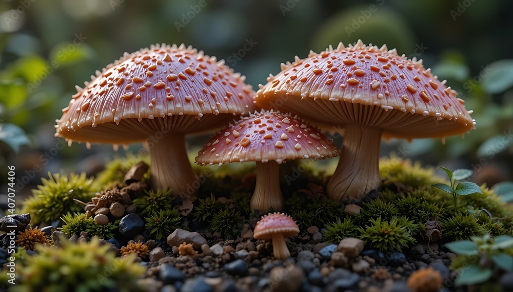 Fototapeta premium Enchanted Toadstool Family: A Dreamlike Forest Scene