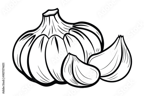 Black And White Garlic Illustration Head And Cloves Isolated On White