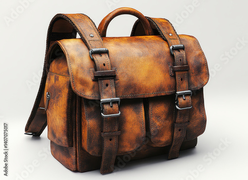 High-quality vintage leather knapsack backpack isolated on white background with straps and buckles for travel and lifestyle use