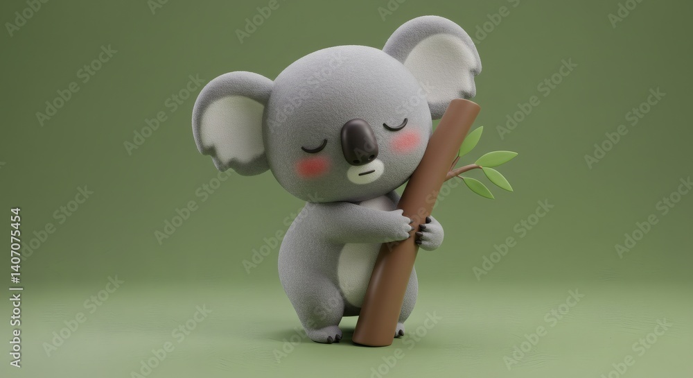 Adorable koala character clinging to a branch, rendered in charming 3D style Adorable koala character clinging to a branch, rendered in charming 3D style