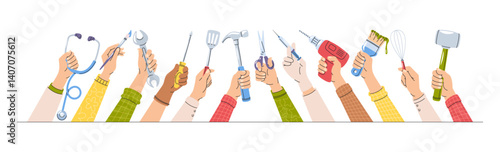 Labor day set with hand drawn human palms holding instruments and tools for professional work