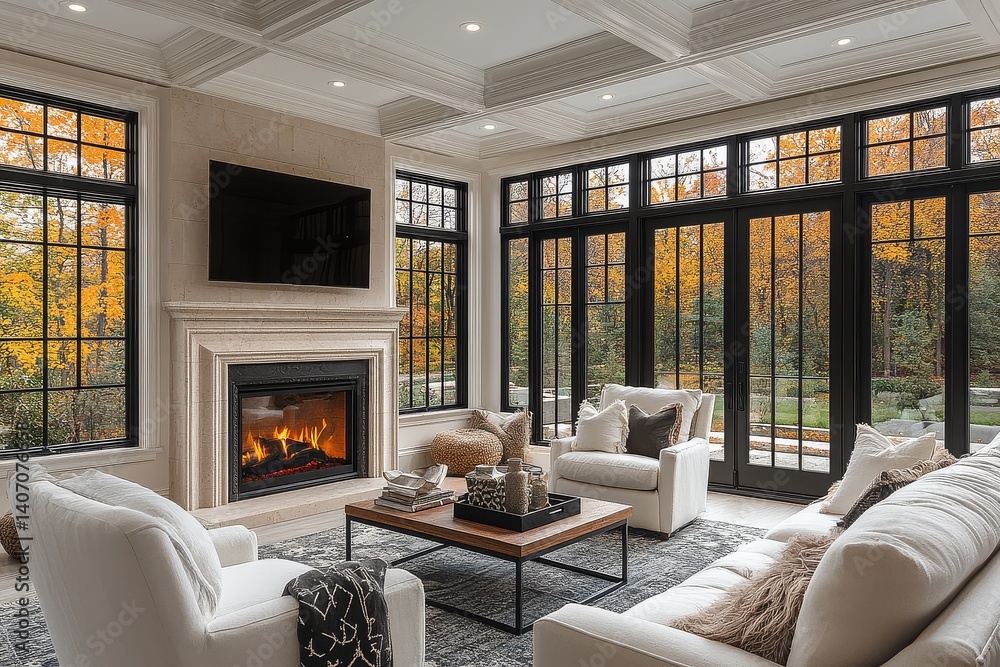 Fototapeta premium Classic living room with white chairs, oversized fireplace, dark wood accents, modern chandelier, and soft rug in serene contemporary decor.