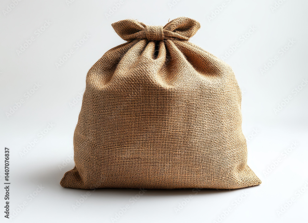 high-quality image of a natural jute bag isolated on white background with drawstring closure, eco-friendly burlap sack