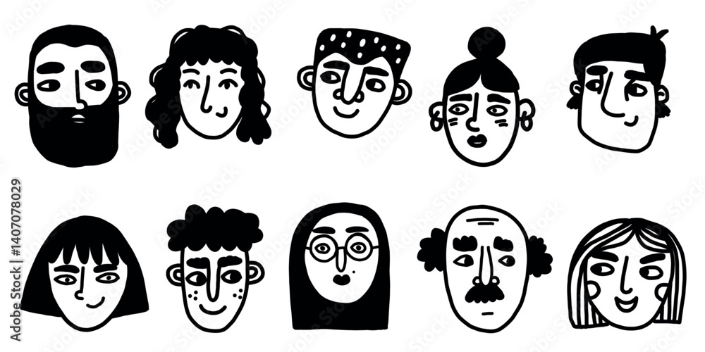 Fototapeta premium Cartoon freehand people faces doodles in simple vector style. Cute woman and man emotional avatars set collection for business, design elements, stickers, outline art. 