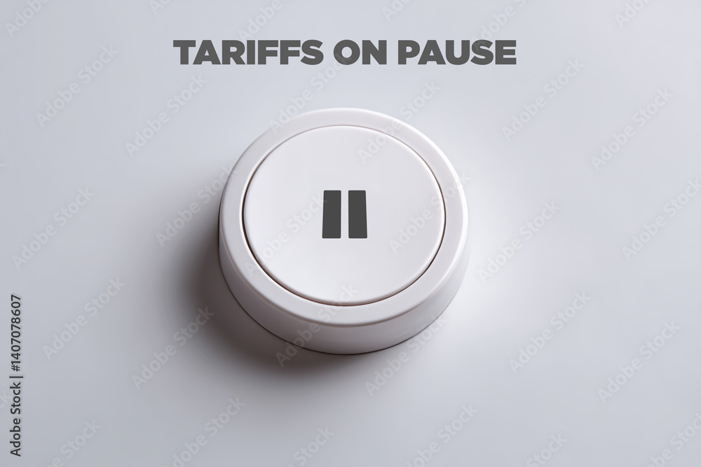 Fototapeta premium White button with pause icon and “Tariffs on Pause” message, symbolizing a halt in economic policy.