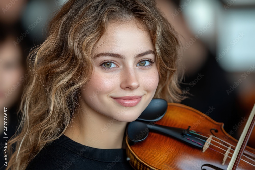 Young woman with violin in orchestra setting smiling softly at the viewer. Young woman with violin in orchestra setting smiling softly at the viewer.