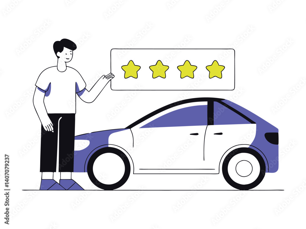 A cartoon vector illustration depicts a car mechanic and a driver with their auto vehicle A cartoon vector illustration depicts a car mechanic and a driver with their auto vehicle