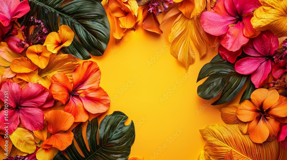 Bright tropical flowers border on yellow background