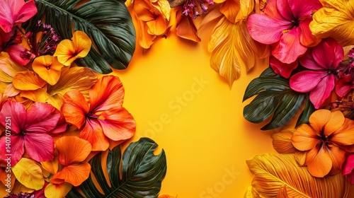 Obraz na płótnie Bright tropical flowers border on yellow background w salonie