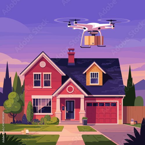 Drone Delivery Above Modern Suburban House