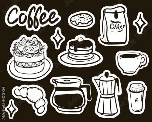 Hand drawn breakfast doodle set. Minimalist coffee and bakery sticker. Cartoon isolated vector illustration