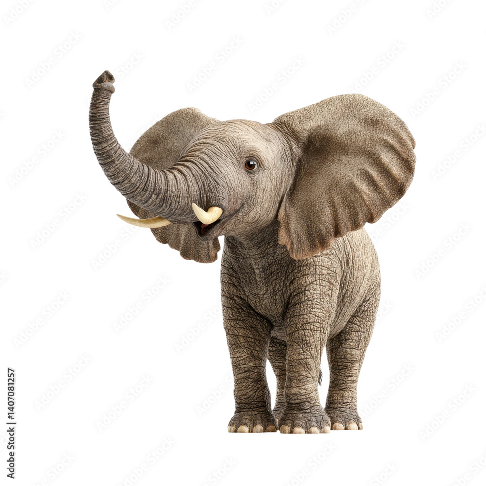 Fototapeta premium Cute baby elephant with trunk up on white background. Concept of wildlife, animal, and nature.