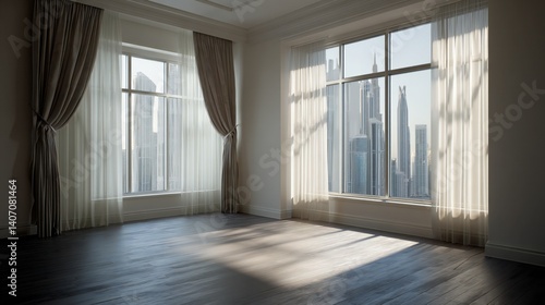 Wallpaper Mural Spacious city apartment interior with large windows and drapes. Torontodigital.ca