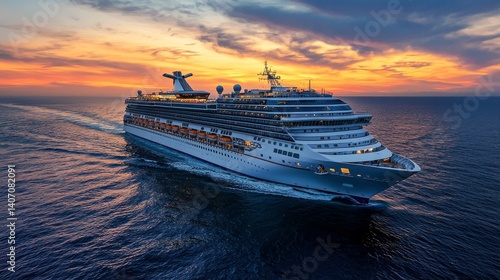 A large cruise ship is sailing on the ocean at sunset