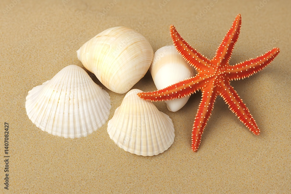 Seashells and starfish on sand background Seashells and starfish on sand background