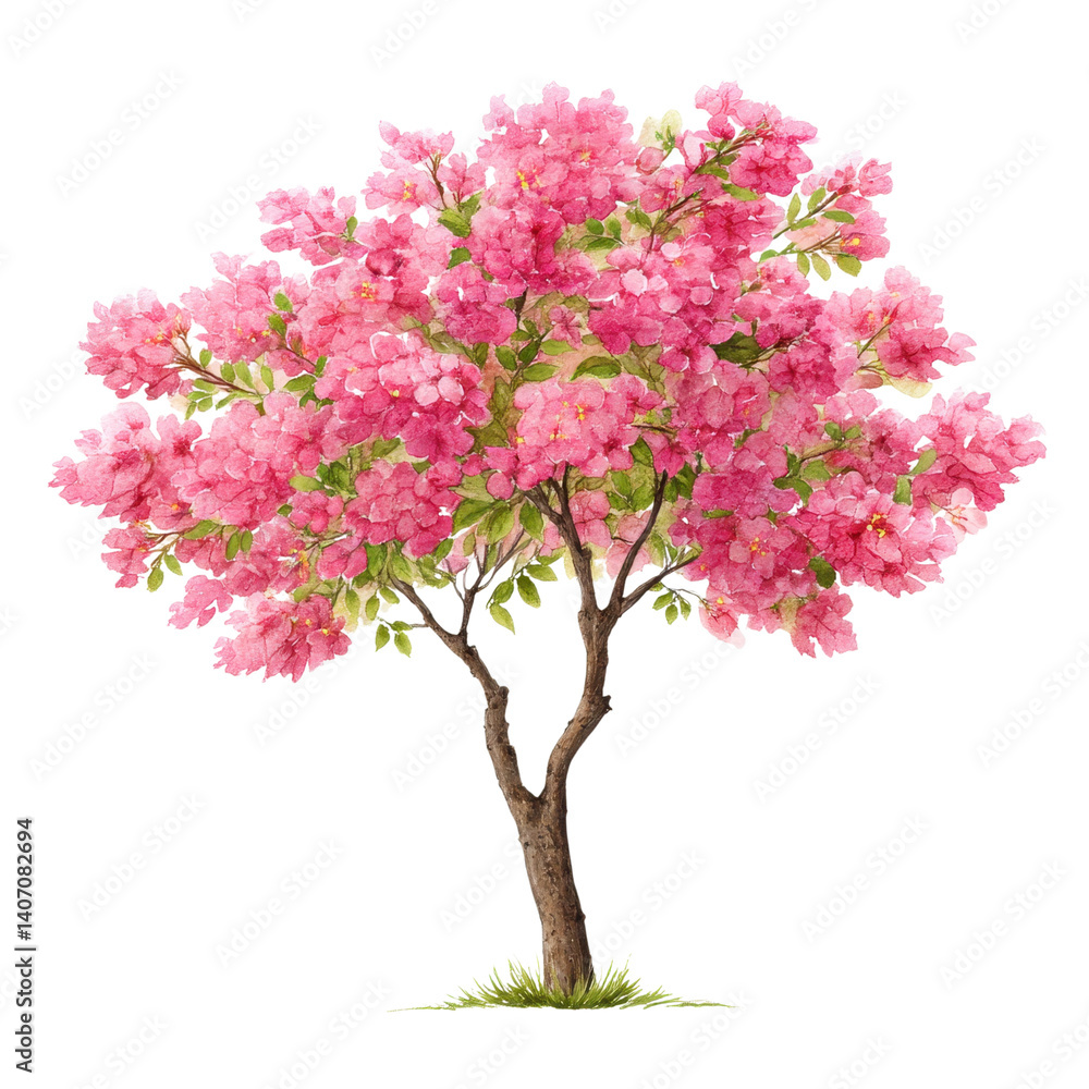 Fototapeta premium Watercolor illustration of a flowering tree with pink blossoms and green leaves. Isolated on white background.