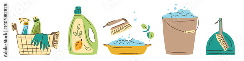 Eco-friendly cleaning products set isolated on white. Organic natural ecological cleaners, soap, brushes. Hands wearing protective rubber gloves and holding cleaning supplies. Zero waste lifestyle.