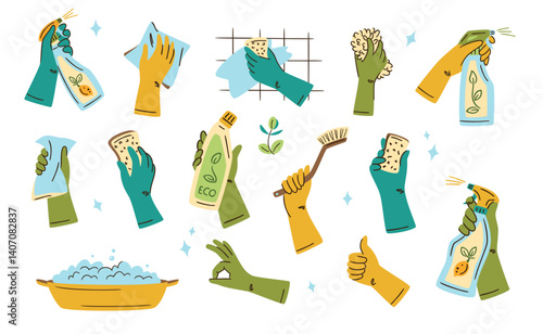 Collection of isolated hands wearing protective rubber gloves and holding cleaning supplies. Sponge, eco detergent spray bottle, brush. Home cleanup, housekeeping. Spring cleaning. Green home concept.