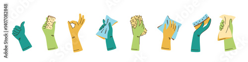 Collection of hands wearing protective rubber gloves and holding cleaning supplies. Sponge, eco detergent, brush. Home cleanup housekeeping cleaners. Spring cleaning. Isolated flat vector illustration