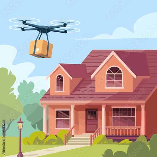 Drone Delivery Above Modern Suburban House