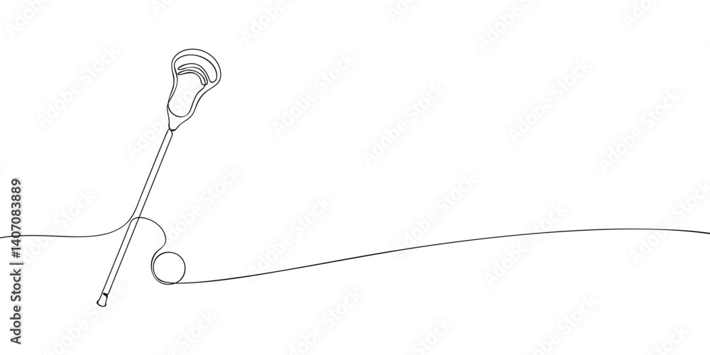 Minimalist one-line drawing of a lacrosse stick with a ball, representing the dynamic energy of the sport in abstract form. Minimalist one-line drawing of a lacrosse stick with a ball, representing the dynamic energy of the sport in abstract form.