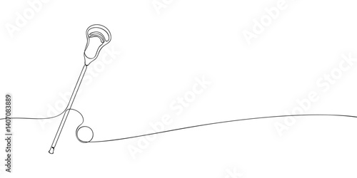 Minimalist one-line drawing of a lacrosse stick with a ball, representing the dynamic energy of the sport in abstract form.