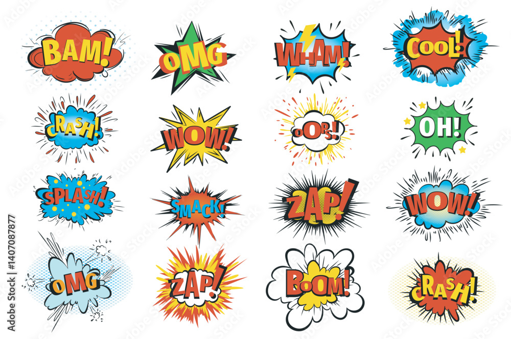 Fototapeta premium Comic speech bubbles set in flat graphic design. Collection isolated elements in pop art style explosion cloud with bam, omg, cool, crash, wow, splash, smack, boom, other text. Vector illustration.