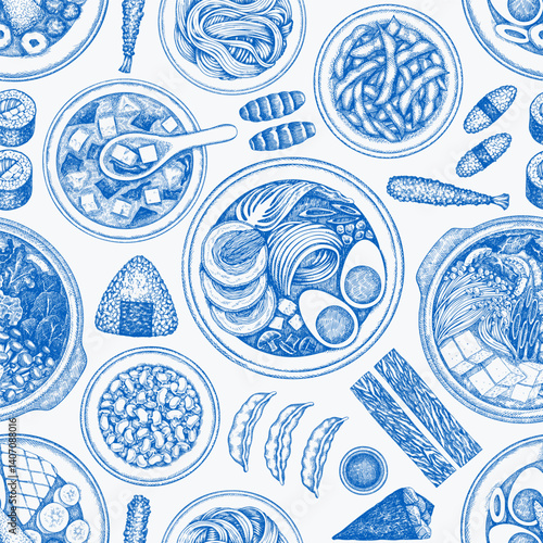 Japanese Cuisine Vector Seamless Pattern. Asian Dishes Hand Drawn Background. Retro Japan Traditional Food Illustration.