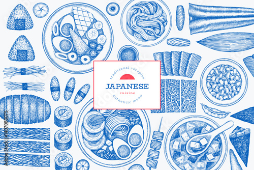 Japanese Cuisine Vector Design Template. Asian Dishes Hand Drawn Background. Retro Japan Traditional Food Illustration.