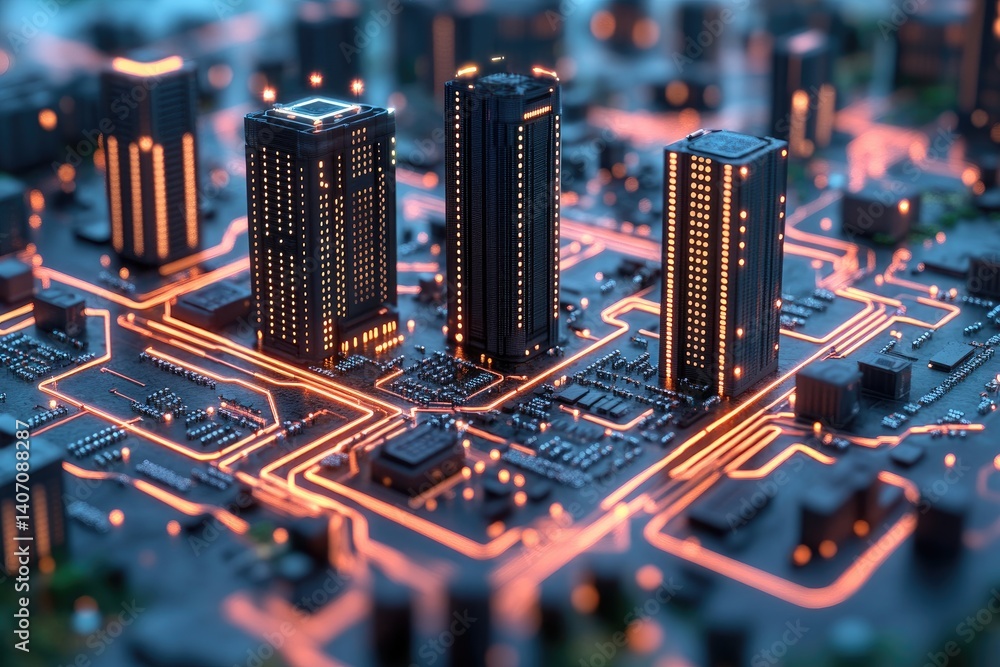 Futuristic cityscape with illuminated buildings, networks. High-tech, advanced and modern architecture Futuristic cityscape with illuminated buildings, networks. High-tech, advanced and modern architecture