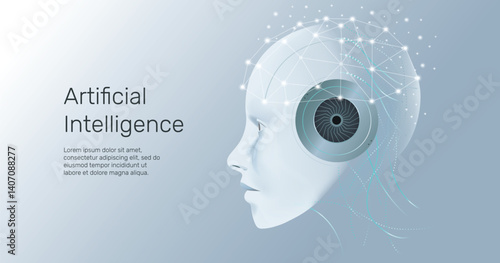 AI humanoid head side view with neural network thinks. AI with Digital Brain is learning processing big data, analysis information. Face of cyber mind. Technology background concept.