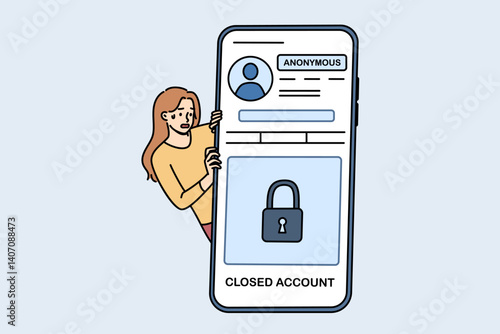 Woman with paranoia uses private account on social networks, stands near phone with anonymous application. Girl is trying to avoid digital surveillance and opens private account to prevent stalking.