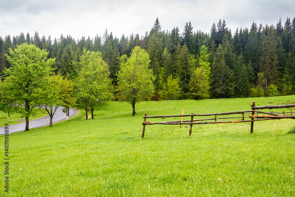 countryside landscape in spring. wooden fence on the grassy meadow and forest on the hill. beautiful view in to the valley