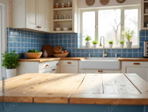 Bright country kitchen with natural wooden table