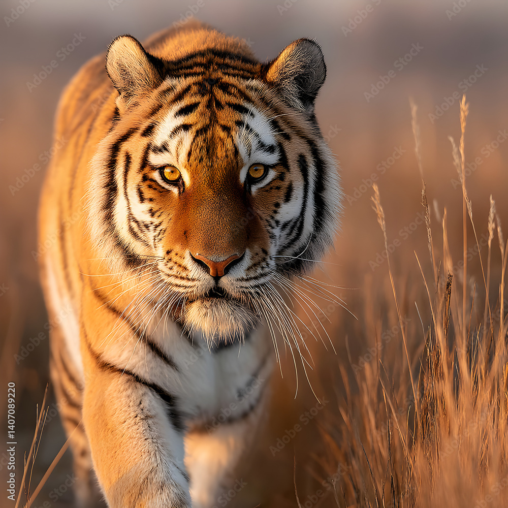 Fototapeta Majestic Siberian Tiger Walking in Golden Grassland