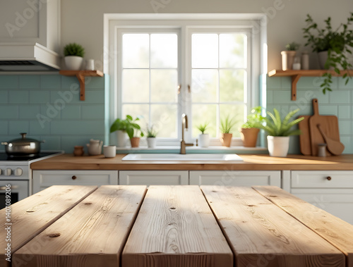 Bright country kitchen with natural wooden table