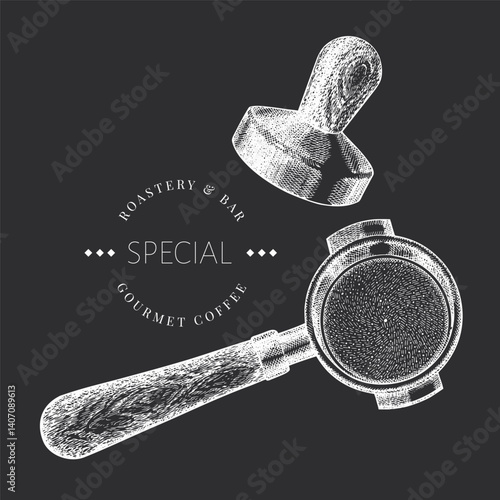 Coffee Maker Chalk Board Illustration. Vector Hand Drawn Isolated Espresso Portafilter. Vintage Style Barista Tool