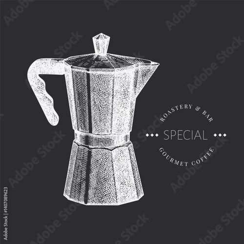 Italian Coffee Maker Chalk Board Illustration. Vector Hand Drawn Isolated Geyser Coffee Machine. Vintage Style Moka Pot