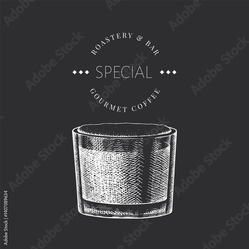 Coffee Cup Chalk Board Illustration. Vector Hand Drawn Isolated Cappuccino Glass. Vintage Style Beverage