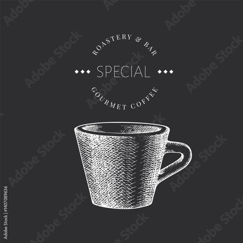 Coffee Cup Chalk Board Illustration. Vector Hand Drawn Isolated Espresso Cup. Vintage Style Beverage