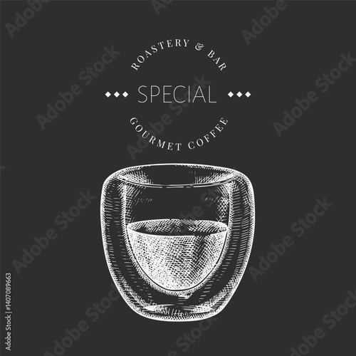 Coffee Cup Chalk Board Illustration. Vector Hand Drawn Isolated Espresso Cup. Vintage Style Beverage
