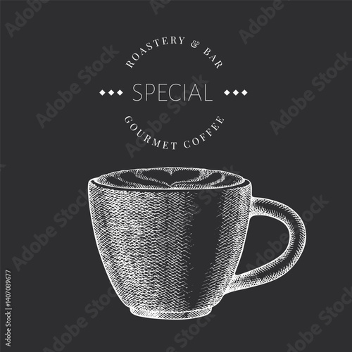 Coffee Cup Chalk Board Illustration. Vector Hand Drawn Isolated Cappuccino Mug. Vintage Style Beverage