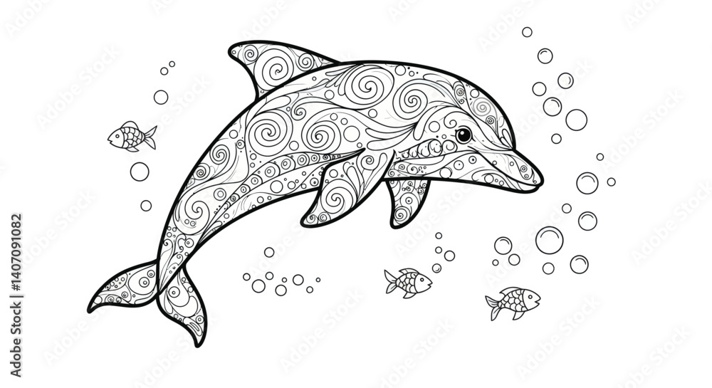 Fototapeta premium Artistic Stylized Dolphin Illustration Featuring Intricate Decorative Swirl Patterns with Bubbles and Small Fish