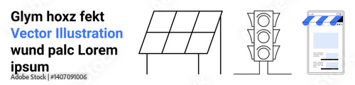 Solar panel generating energy, traffic light managing flow, and mobile store interface showcasing innovation. Ideal for energy, transportation, e-commerce, urban planning, technology, environment