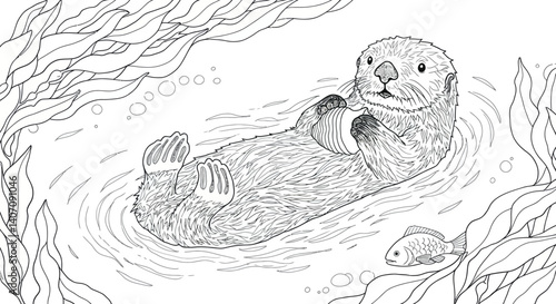 Adorable Sea Otter Floating Peacefully on its Back Clutching a Shell Amidst Swirling Kelp Strands and Water Ripples